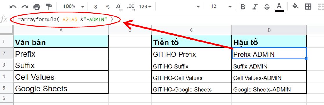 Hướng dẫn thêm tiền tố/hậu tố vào ô trong Google Sheets